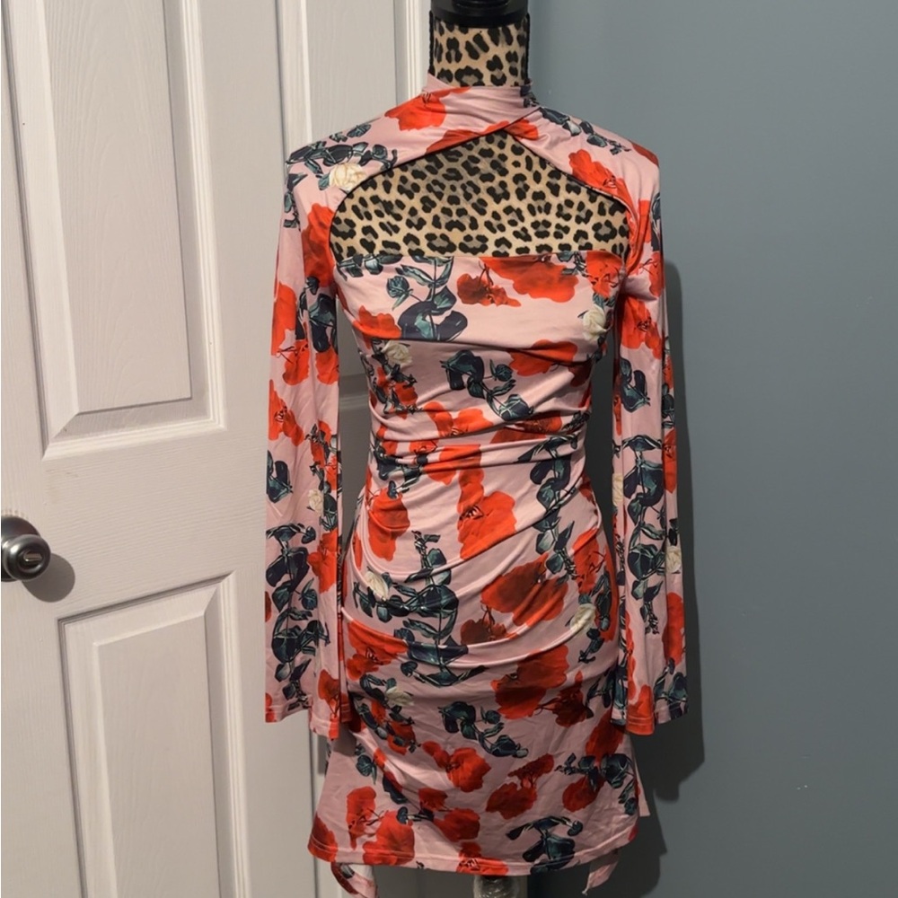 Source Unknown Red and Pink Floral Backless Dress